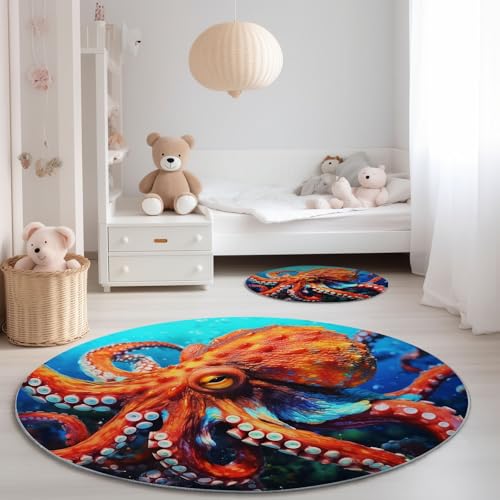 Genérico Alfombra Redonda para Sala de Estar 90 cm, Surrealismo Primer Plano De Pulpo Imprimir Pelo Corto Franela Alfombra Redonda - Naranja Azul Antideslizante Lavable Alfombras para Dormitorio