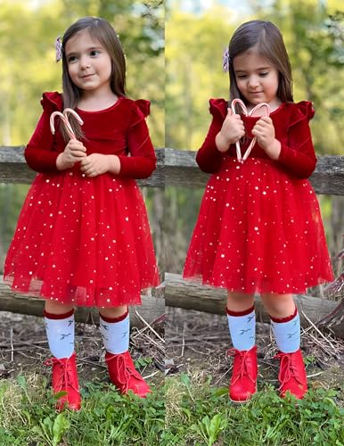 Arshiner Toddler Tutu Dresses Little Girls Velvet Tulle Fall Winter Long Sleeve Ruffle Holiday Party Dress 2-6Y3