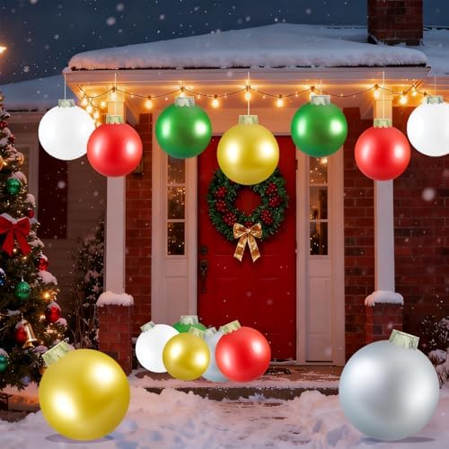 15Pcs Outdoor Christmas Decorations,12 in Large Inflatable Balls for Yards, Lawns, Porches, Gardens, Front Doors or Windows Christmas Decorated (Red Green White Gold Silver 15pcs)