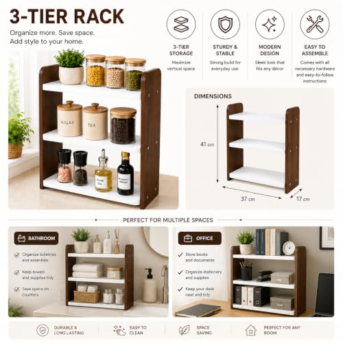Image of 3-Tier Kitchen Organizer Rack for Countertop, Engineered Wood Spice Rack Shelf, Space Saving Storage Stand for Kitchen, Bathroom & Office, Easy Assembly, Dark Brown (White & Brown)