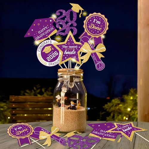 Image of Graduation Party Centerpieces Decorations for Tables Class of 2026-60pcs Glitter Purple and Gold Graduation Table Centerpieces Sticks with LED String Lights for Graduation Party Decor Supplies