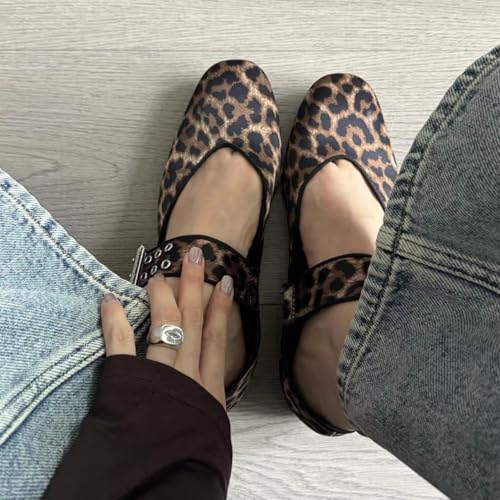 MRKEWUNEY Elegant Leopard Ballet Flats for Women Buckle Strap Mary Jane Flats3