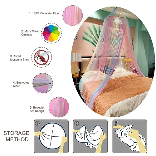 Image of Rainbow Bed Canopy Mosquito Net, Princess Bed Canopy for Girls Room Decor or Unicorn Theme Party(Rainbow,with Unicorn Dream Catcher /Lights)