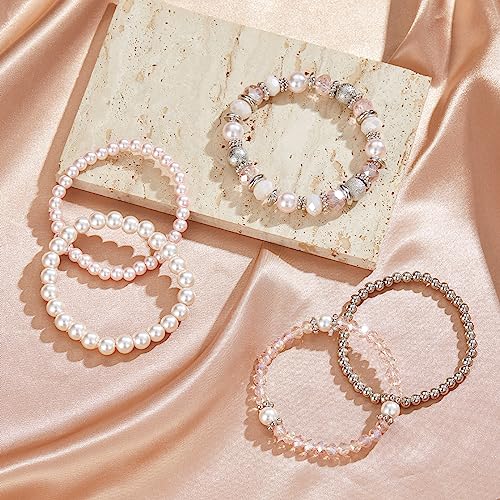 Noessla Beaded Pearl Stretch Bracelet Silver Stackable Crystal Beads Bracelets Trendy Costume Jewelry Mothers Day Gifts for Women4