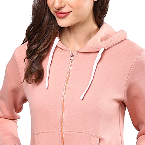 Image of PINACOLADA Women's Light Pink Zip-Front Hoodie with Ribbed Hem for Casual Wear | Hooded Neck | Long Sleeve | Zipper Closure | Cotton Sweatshirt Crafted with Comfort Fit for Everyday Wear