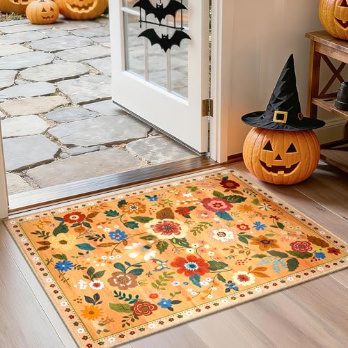 Floral 2x3 Area Rug Machine Washable Soft Print Boho Carpet Non Slip Doormat Low Pile Flower Area Rugs for Living Room Bedroom Nursery Kitchen Dining Room Indoor-Yellow/Orange