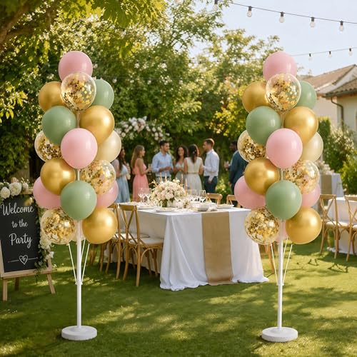 Image of Hiins Balloon Column Kit Set of 2 With Balloons Included - with Base, and Pole,Balloon Tower Backdrop Decoration for Wedding, Baby Shower, Birthday Party, or Bachelorette Parties (Sage Green Gold)