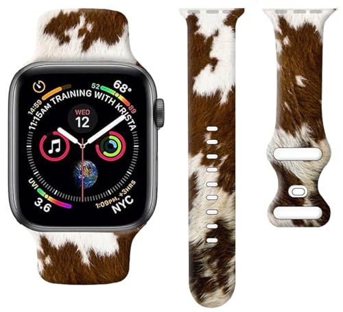 Sport Watch Band Compatible with Apple Watch Band 38mm 40mm 41mm Women, Soft Silicone Floral Print Sport Strap Replacement Wristbands for iWatch Series Ultra 9 8 7 6 5 4 3 2 1 SE - Brown Cow Print