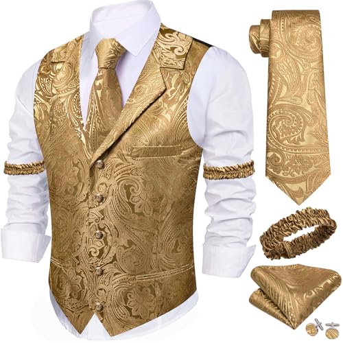 Image of Barry.Wang Mens Silk Lapel /Shawl Collar Vest Tie Sleeve Holder Set Formal /Casual Paisley Vests Wedding Tuxedo Waistcoat