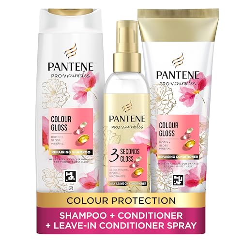 Pantene Colour Shampoo and Conditioner Set + Leave-In Conditioner Spray with Biotin and Niacinamide Transform Damaged Coloured Hair from Dull to Glossy in 1 Use 400/275/145ml