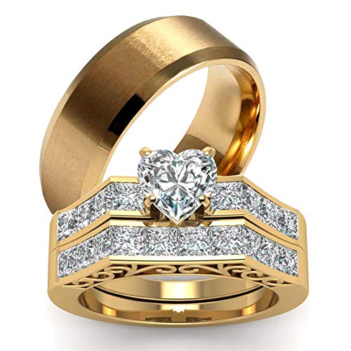 Two Rings His Hers Wedding Ring Sets Couples Rings Women's 10k Yellow Gold Filled White CZ Wedding Engagement Ring Bridal Sets & Men's Stainless Steel Wedding Band