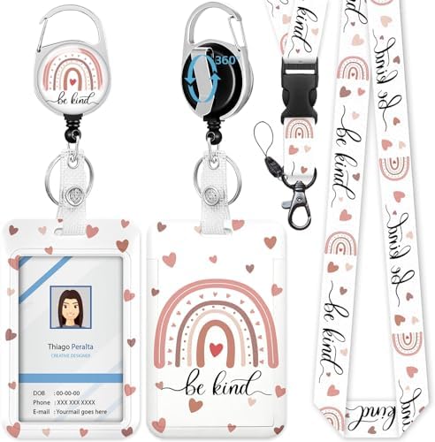 ID Badge Holder with Lanyard, Be Kind Badge Holders Reels with Detachable Lanyards, Cute Rainbow Work Card Retractable Keychain Vertical ID Card for Teacher Students Nurse Office Christmas Gifts