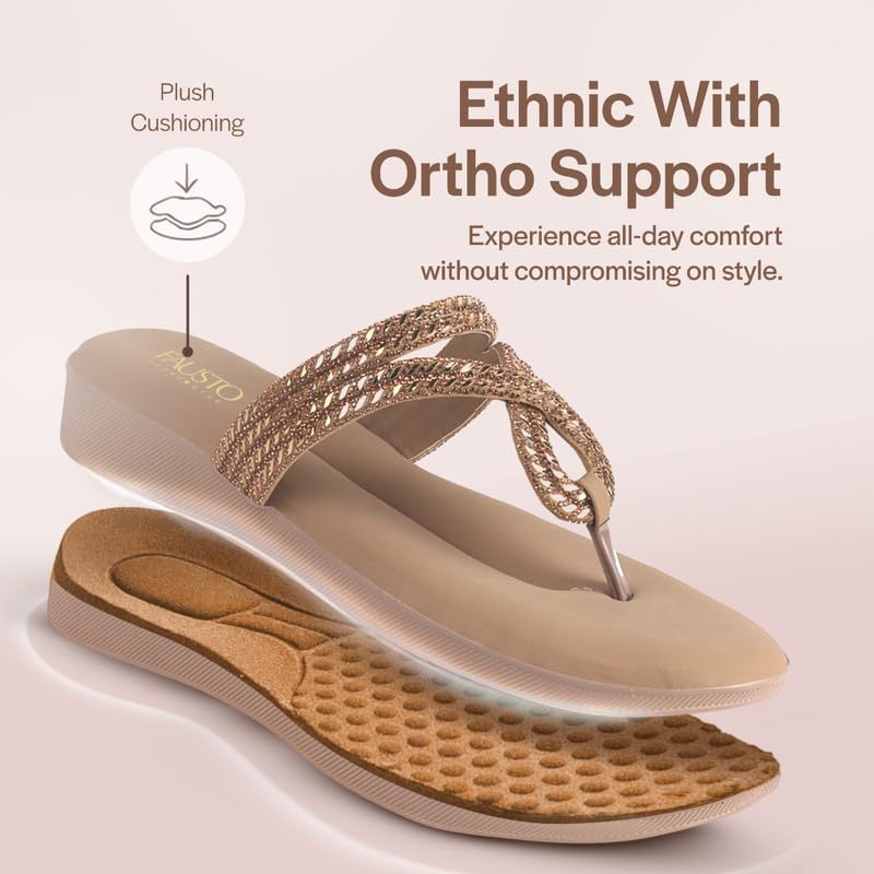Image of FAUSTO Women T-Strap Slip On Ethnic Sandals with Rhinestone Strap | Wedge Ortho Slip-On Slippers | Perfect for Wedding, Festive Outfits