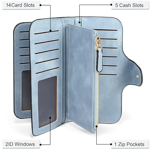 RFID Blocking Genuine Leather Wallet for Women with Leaf Pendant Card Holder & Zipper Coin Purse (Blue)3