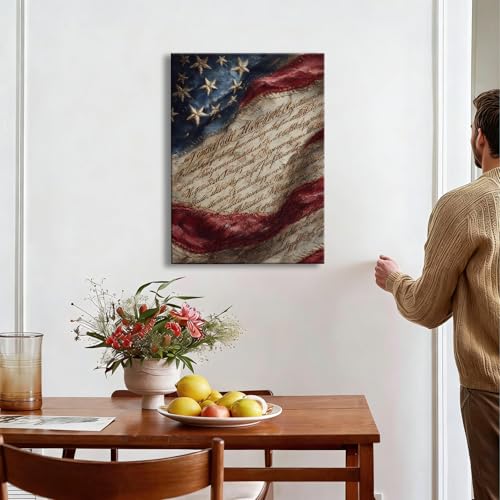 Image of RIBNTAK Vintage Americana Canvas Wall Art, Rustic American Flag and Constitution Pictures Patriotic Artwork for Farmhouse Decor, Independence Day Decorations for Living Room Bedroom Entryway