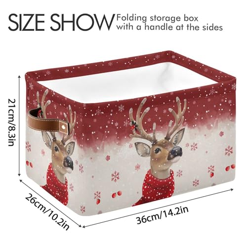 Image of Wamika Christmas Reindeer Storage Basket with Waterproof Liner and PU Handles Winter Snowflake Red Storage Bins Boxes 14.2 inch Collapsible Decorative Organizer Baskets for Bedroom Closet Office 1 Pack