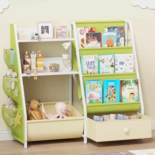 Kids Bookshelf and Toy Organizer, 3 Tier Sling Book Shelf with Movable Bins, Toddler Montessori Bookcase for Kids Rooms, Playroom Storage Book Shelves for Nursery,Classroom, Kindergarten, Green