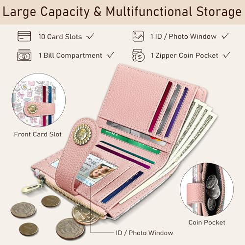 Image of Kelvoris Cute Book Lover Coffee Small Rfid Women Wallet Zipper Coin Pocket | Bifold PU Leather Compact Cash Credit Card Holder Travel Purse for Female Ladies Teen Girly Girls 1 ID Window 10 Card Slots