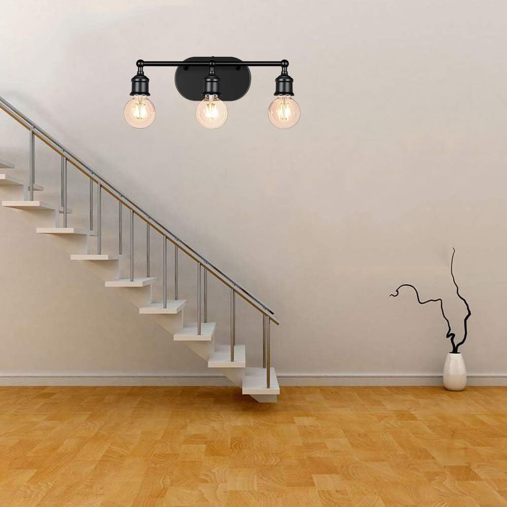 Mengjay Lampada a Specchio Vintage per Bagno, Stile Industriale E27 Luce 3 Fuochi, Applique da Parete in Metallo Retrò 42CM (Nero/Oro)
