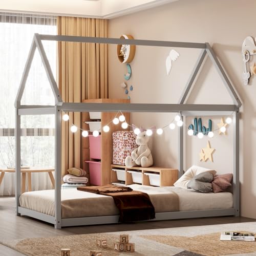 Giantex Twin House Bed Wood Montessori Bed Frame with House Roof Canopy Low Floor Bed with Sturdy Wood Slat Support No Box Spring Needed Twin Playhouse Bed for Kids Teens Boys Girls (Grey)