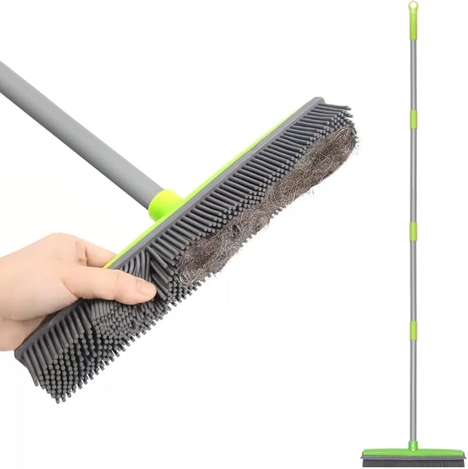 Rubber Broom with Squeegee, Carpet Broom with 59 inch Long Handle, Pet