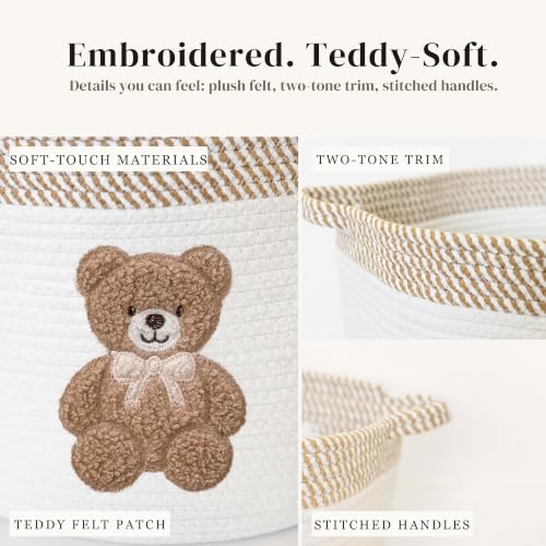 Image of Teddy Bear Baby Storage Basket, Woven Cotton Rope Nursery Bin, 15x11 in | Stuffed Animal and Blanket Storage, Embroidered Bear Patch, Gender Neutral Nursery Decor, Shower Gift, Playroom Organizer