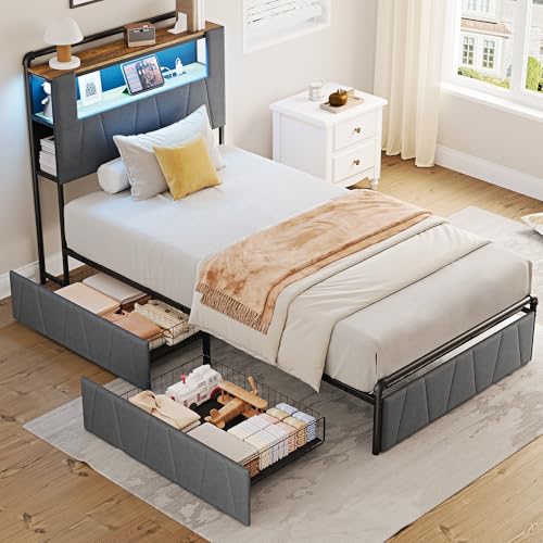 Image of Twin Bed Frame with 2 Storage Drawers, Upholstered Headboard with Charging Station & LED Lights, Metal Platform Bed Frame Twin Size, Noise Free, No Box Spring Needed, Easy Assembly, Grey