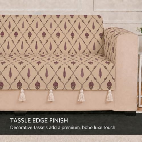 Image of STITCHNEST 'Eden Weaves Collection Series' 2 Seater Sofa Cover | Full Coverage with Armrest Pockets | Elegant Woven Fabric, Decorative Tassels, Washable & Durable for Modern Living