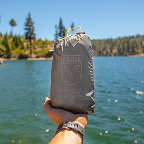 Sanctuary SilTarp - Ultralight and Waterproof Ripstop Silnylon Rain Shelter Tarp, Guy Line and Stake Kit - Perfect for Hammocks, Camping and Backpacking (10 feet by 10 feet - Square Cut)