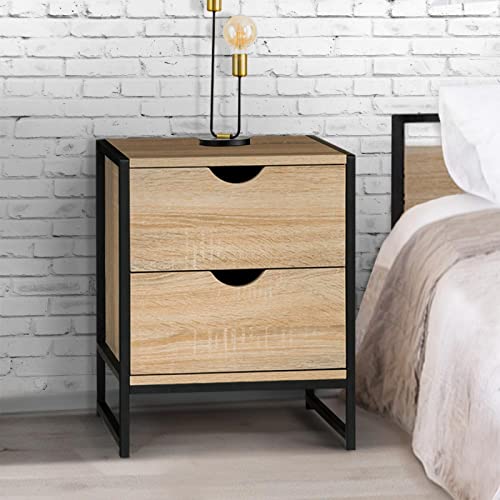 IDMarket – Juego de 2 mesitas de noche Detroit 2 cajones madera y metal, color negro