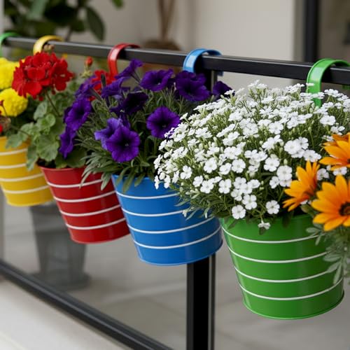 Image of Urban Plant Railing Hanging Metal Planter Pot | Gamla for Balcony | Bucket Planter for Home Decor | Pot for Indoor & Outdoor - Pack of 5 (Lining)