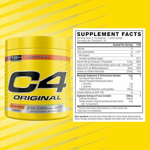 Image of C4 Original Pre Workout - Pre-Workout for Endurance, Focus & Performance with 200mg Caffeine, Beta-Alanine, Creatine Nitrate, L-Arginine & PeptiPump - Sugar Free, 25 Servings, Rainbow Blast