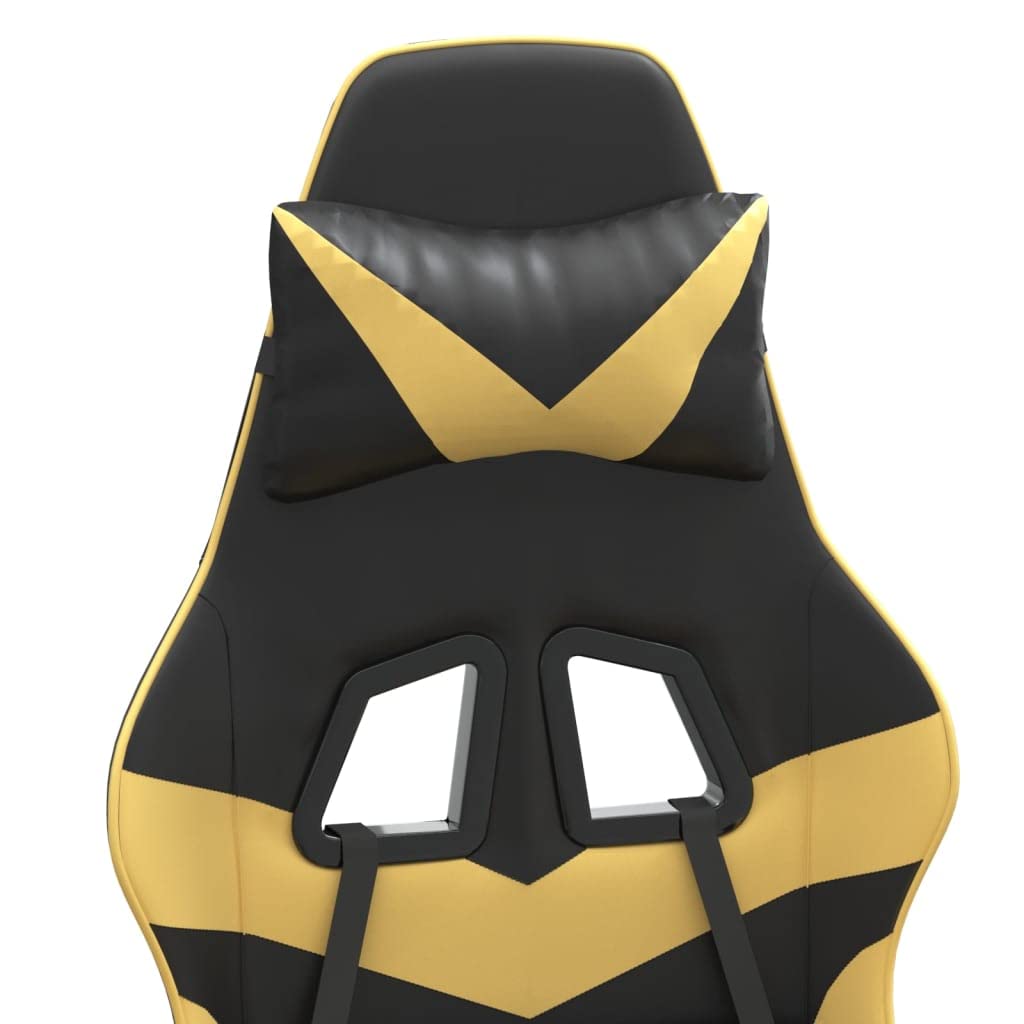 Drehbarer Gaming-Stuhl mit Fußstütze und Kissen aus Kunstleder in Schwarz & Golden, verstellbare Rückenlehne und Höhe, 360° drehbar, Robustes Metallgestell, max. 110 kg