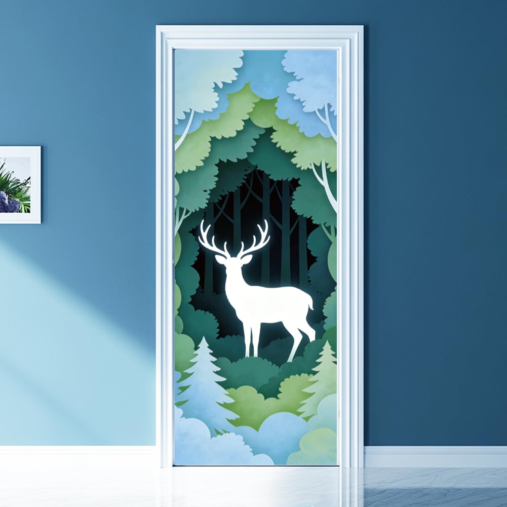 arricraft 2 Pcs 3D Self-Adhesive Door Sticker, 31.5"x78.7" Forest Deer Green Trees and Plants Decorations Door Murals Stickers PVC Removable Wallpaper Decoration for Bedrooms ​Living Room — image 1