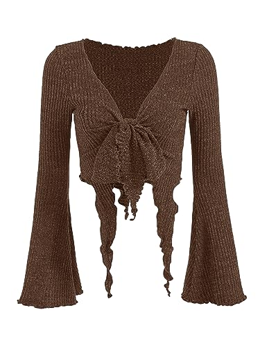 SOLY HUX Women's Long Bell Sleeve Crop Tops V Neck Tie Front T