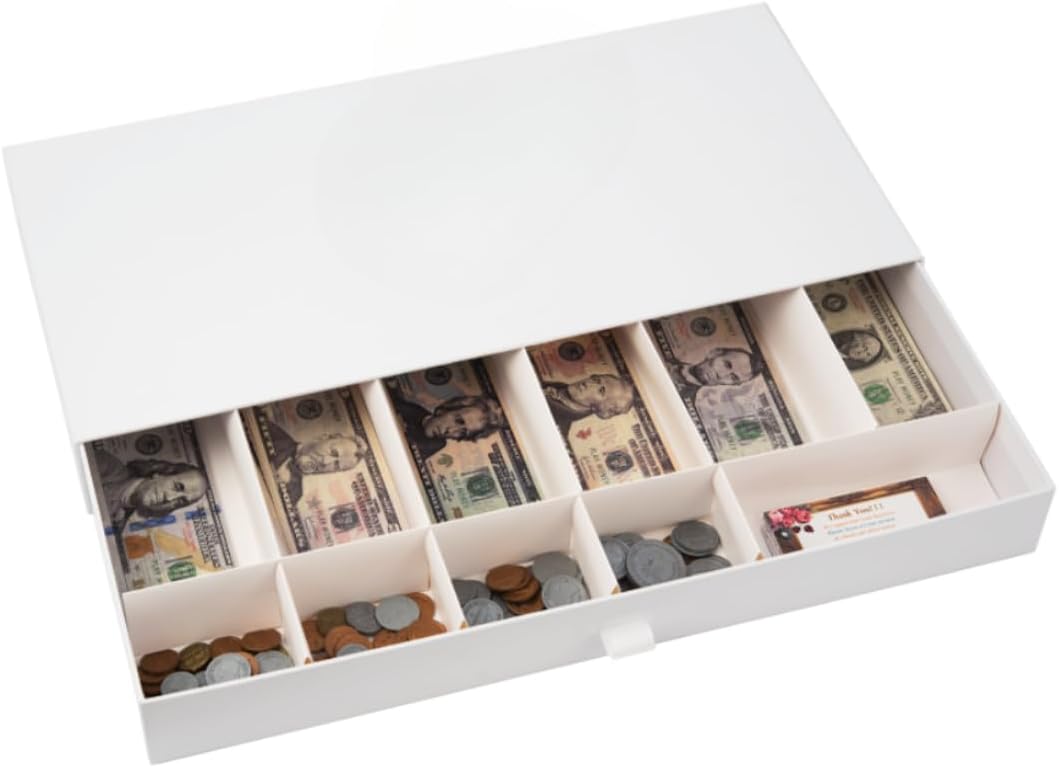 Cardboard Cash Register Drawer with Coins Bills Business Card Compartments Money Play Toy Gift for Kids Fit Real Money Too Only Box White