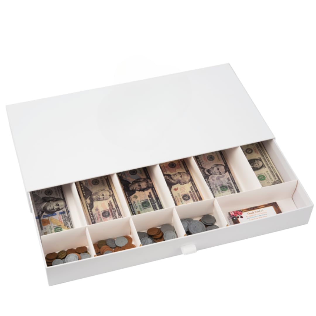 Cardboard Cash Register Drawer with Coins Bills Business Card Compartments Money Play Toy Gift for Kids Fit Real Money Too Only Box White
