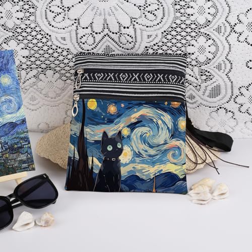 Starry Cat Adjustable Shoulder Strap Crossbody Bag Van Gogh's oil painting with Black Cat Print for Cat Lover Daily Use Messenger Bag Birthday Gift Christmas Present​​ for Friend Sister3