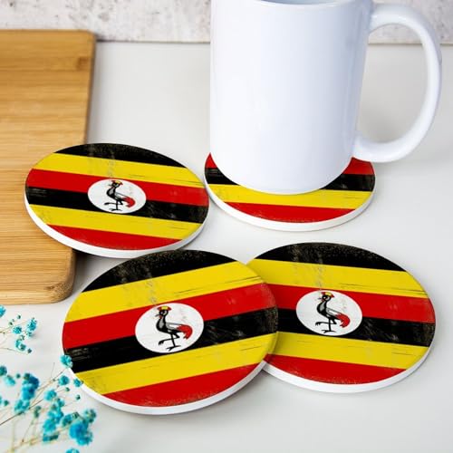 Lot de 4 sous-verres ronds en céramique avec drapeau national de l'Ouganda vintage - Absorbants - Pour décoration de cuisine, table basse