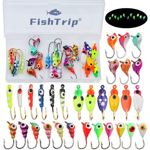 FishTrip Ice Fishing Jigs Kit, 30Pcs Glow Ice Fishing Lure Set for...