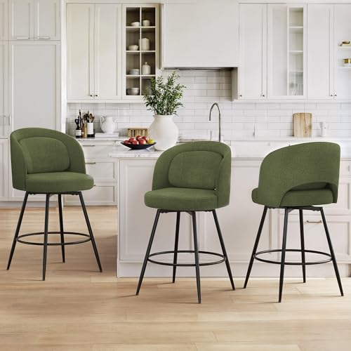 LUE BONA 26H Swivel Bar Stools Set of 3 Counter Height Bar Stools with Backs Lumbar Pillow and Black Metal Frames Upholstered Modern Barstools for Kitchen Island Chenille Farbic Green