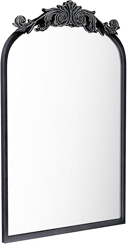 WEER Espejo de arco tradicional de 20 x 32 pulgadas, espejo de baño antiguo con marco negro, espejo de baño vintage negro para pared, vidrio