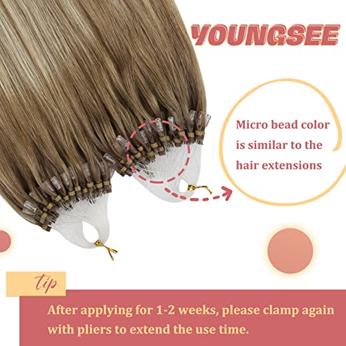 YoungSee Micro Loop Hair Extensions Ombre 24 inch Micro Bead Hair Extensions Ombre Light Brown to Blonde Human Hair Micro Ring Extension for Holiday Long Straight 50s/50g Cold Fusion - Image 3