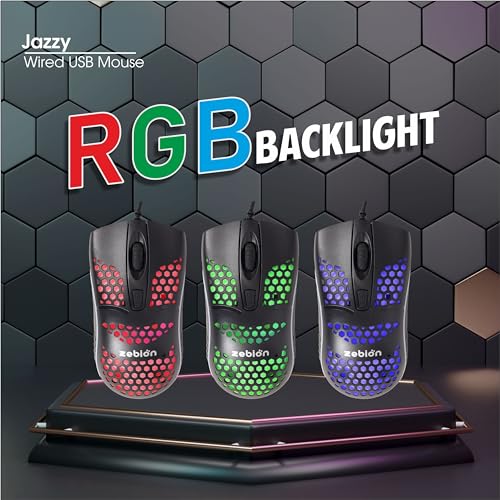 Image of Zebion Jazzy Wired Gaming Mouse with Honeycomb Design, RGB Led Lights, Adjustable DPI 800 /1000 /1800, Lightweight and Ergonomic Design with Comfortable Feel, 1 Year Warranty, Black Color