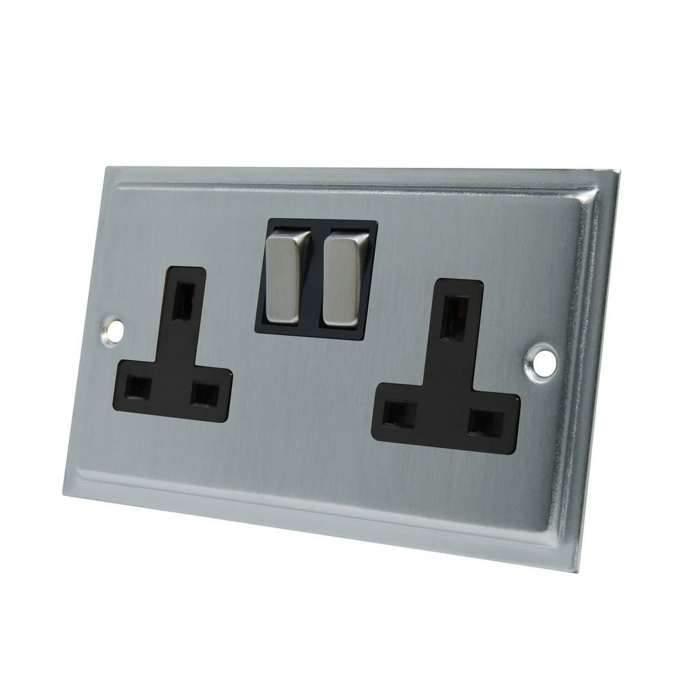 Slimline Satin Chrome 2 Gang Socket Black Insert Metal Rocker Switches - 13 Amp Double Plug Socket