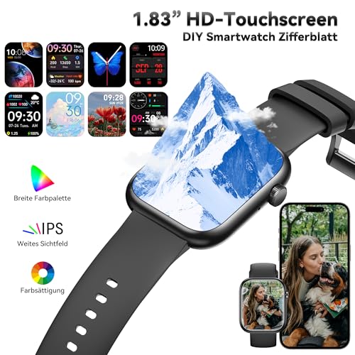 Smartwatch Damen Herren, 1.83" HD Fitness Tracker mit Schrittzähler/Blutdruckmessung/Pulsuhren/Telefonfunktion, Schlaftracker, 120+ Sportmodi, IP68 Wasserdicht Fitnessuhr&Sportuhr für Iphone Android 6