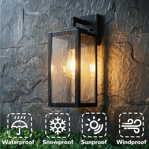 Image of 2-Pack Outdoor Wall Light Fixtures, Black Exterior Waterproof Wall Lanterns, Anti-Rust Porch Lights Outdoor with E26 Socket & Tempered Glass, Modern Outside Lights for House Front Door Patio, 15 Inch