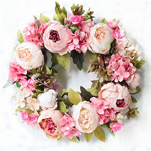 SISJULY Artificial Peony Flower Wreath Handmade Pink Floral Wreath Spring Garland Door Wreath