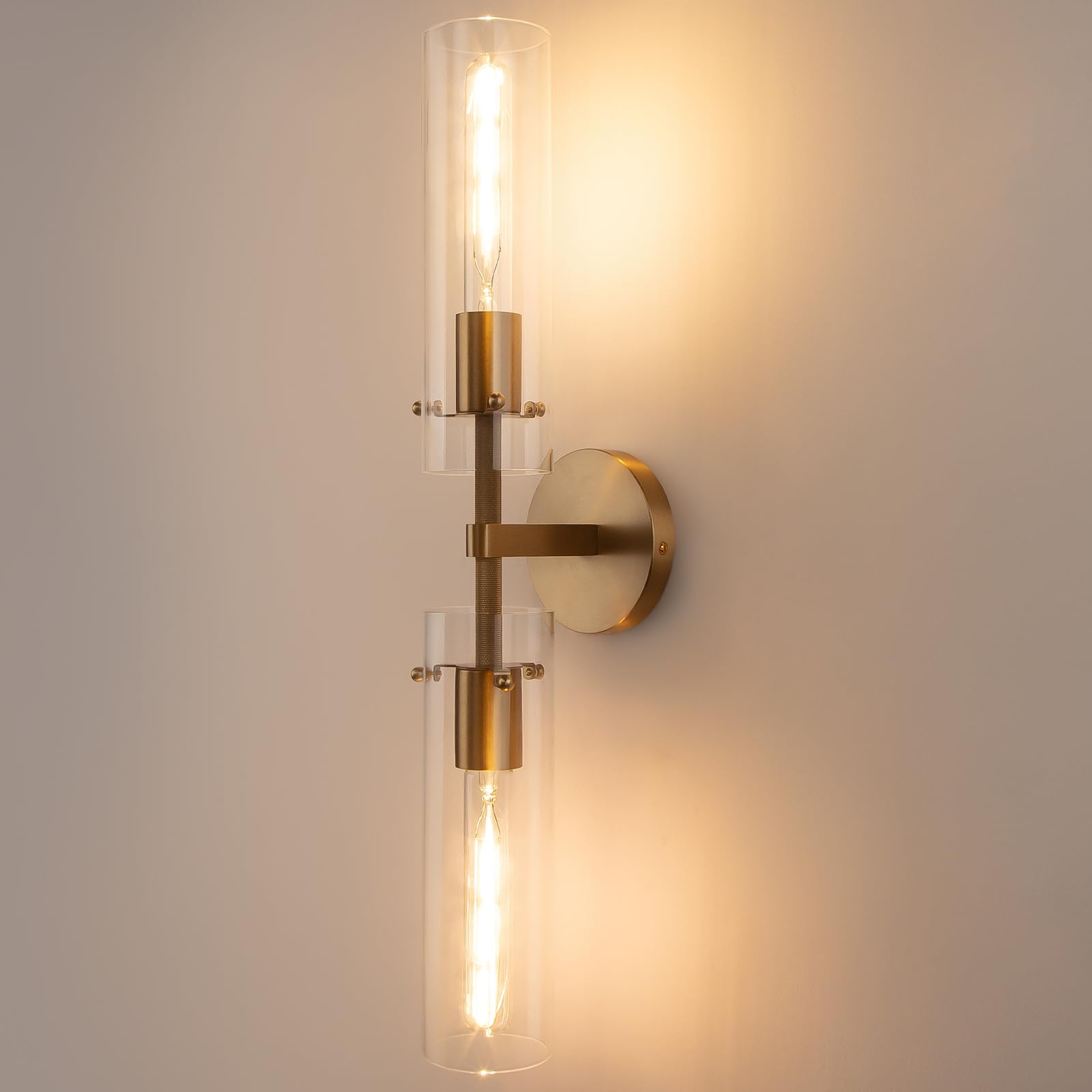 Photo 1 of Vookea Brass Gold 2-Light Knurled Wall Sconce with Clear Glass Tube