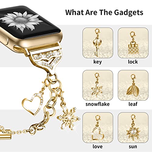 Bling Band Compatible with Apple Watch 49mm 45mm 44mm 42mm, Metal Jewelry Watch Strap for Ultra/Series SE 9 8 7 6 5 4 3 2 1 Interchangeable Charms Dressy Bracelet for Women (Gold)